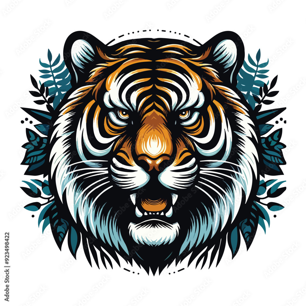 Fierce Tiger Head with Jungle Leaves, Colorful Animal Illustration, Detailed Wildlife Artwork Design Fierce Tiger Head with Jungle Leaves, Colorful Animal Illustration, Detailed Wildlife Artwork Design