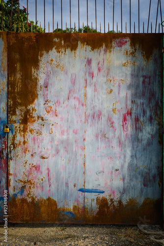 An old iron door painted red, green, blue and stained with rust forms the background of the photo.