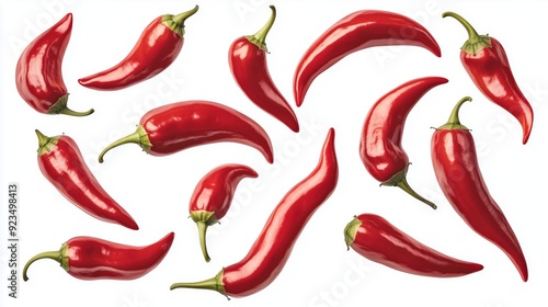 A collection of red chili peppers arranged on a white background.