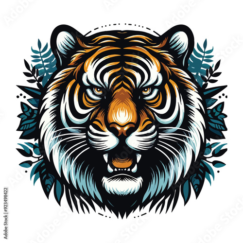 Fierce Tiger Head with Jungle Leaves, Colorful Animal Illustration, Detailed Wildlife Artwork Design