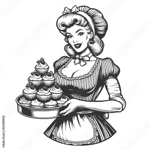 smiling woman in an apron and chef hat with tray of cupcakes, retro baking theme sketch engraving generative ai fictional character vector illustration. Scratch board imitation. Black and white image.