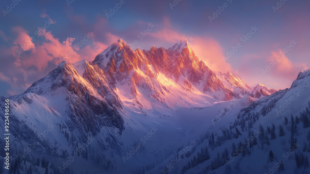 Obraz premium Majestic mountain range covered in snow, with the sun setting and casting a warm glow over the peaks.