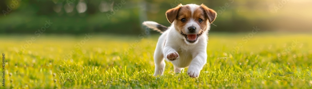 Puppy joyfully running on grass in park Puppy joyfully running on grass in park