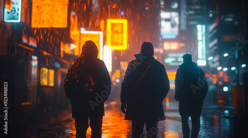 A rainy city at night in the cyberpunk style: bright orange neons flicker against the background of wet streets, passers-by with cyberimplants hide under hoods, avoiding unnecessary glances.