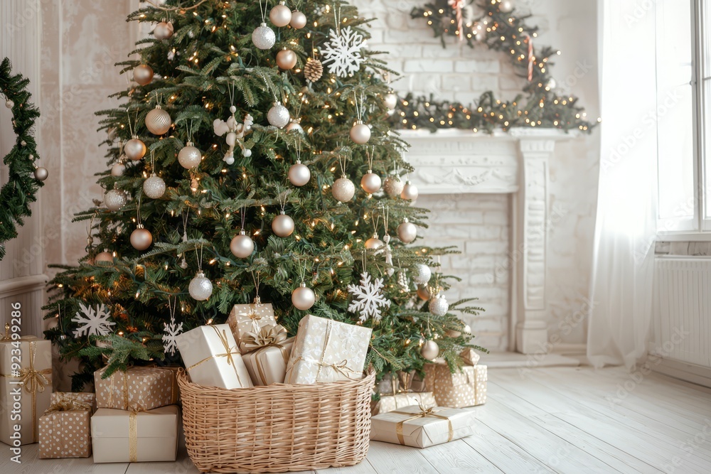 Beige-decorated Christmas tree in a cozy living room with holiday gifts by the fireplace Beige-decorated Christmas tree in a cozy living room with holiday gifts by the fireplace