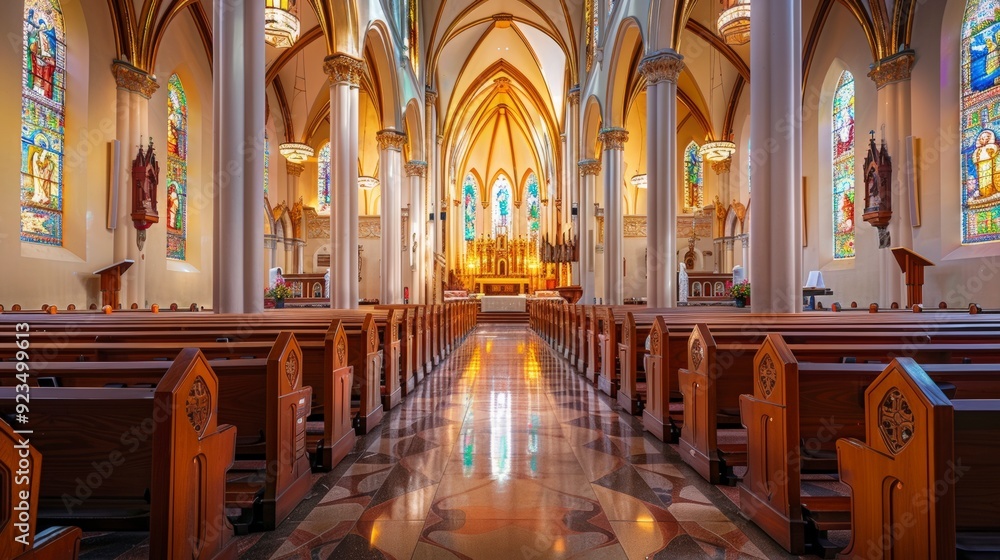 Fototapeta premium A serene interior of a church showcasing stained glass and wooden pews.