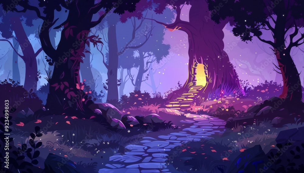 Obraz premium Halloween mystic forest. Enchanting twilight forest. Forest of witches. Cartoon fantasy game illustration background.