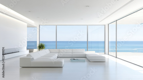 Minimalist white living room featuring sleek, modern furnishings and an expansive ocean view. The space is bathed in realistic, natural light from the surrounding windows.