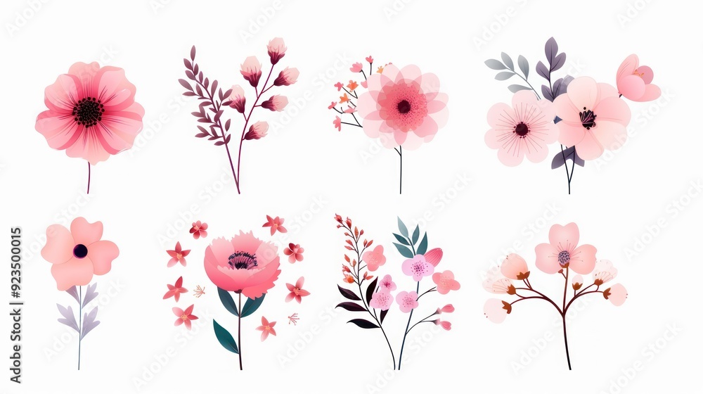 Botanical cartoon flowers, flat design, top view, pastel palette