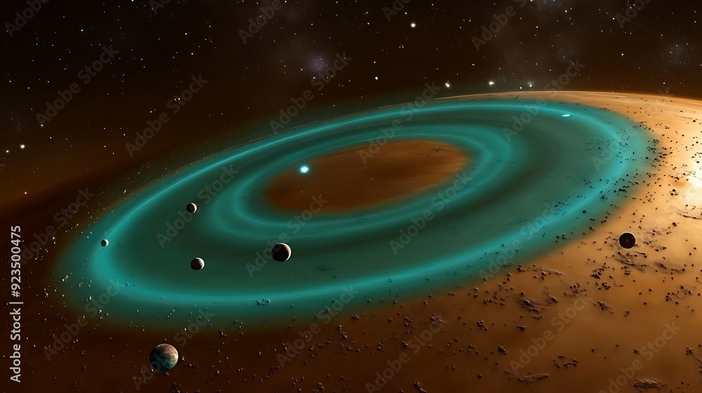 Mysterious Teal Giant Gas Ring With Moons Orbiting Brown Dwarf in Outer Space Illustration Mysterious Teal Giant Gas Ring With Moons Orbiting Brown Dwarf in Outer Space Illustration