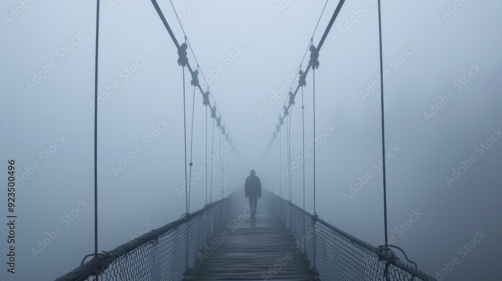 Obraz premium Ethereal Journey: Mysterious Man Walking on Hanging Bridge Disappearing into Fog