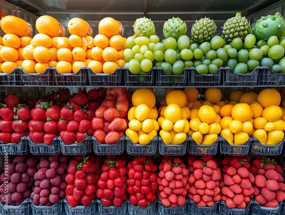 Vibrant Display of Fresh Fruits at a Local Indoor Market: A Colorful Arrangement of Oranges, Greens, and Reds for Healthy Eating Enthusiasts Vibrant Display of Fresh Fruits at a Local Indoor Market: A Colorful Arrangement of Oranges, Greens, and Reds for Healthy Eating Enthusiasts
