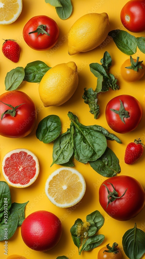 Fresh fruits and vegetables creating a colorful flat lay composition Fresh fruits and vegetables creating a colorful flat lay composition
