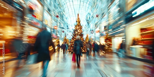 Wallpaper Mural Blurred image of people shopping in a festive mall decorated with Christmas trees, twinkling lights, and seasonal ornaments. The photo captures the holiday rush in a vibrant, bustling atmosphere Torontodigital.ca