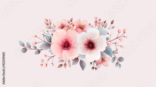 Cartoon-style flowers, pastel hues, top view, botanical flat design