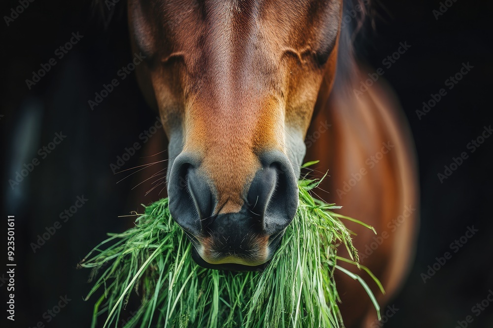 Fototapeta premium Beautiful bay horse eating grass in a field