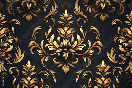 Golden floral damask pattern repeating on a dark blue background