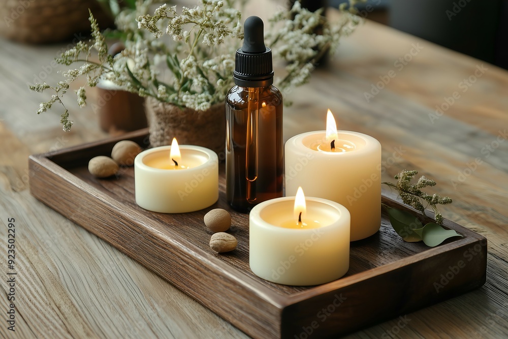 Serene Aromatherapy Setup with Candles and Essential Oils on Wooden Tray Serene Aromatherapy Setup with Candles and Essential Oils on Wooden Tray