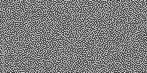 Abstract Turing organic wallpaper with background. Turing reaction diffusion monochrome seamless pattern with chaotic motion. Natural seamless line pattern. Linear design with biological shapes.