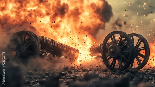 Intense Artillery Battle Scene with Heavy Cannons Firing in Siege 3D Illustration - HD Photo