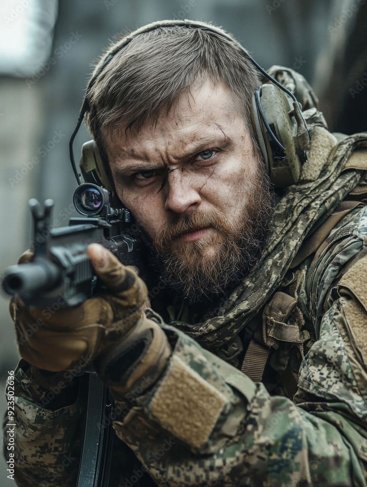 A man with a beard and a gun is wearing a camouflage jacket. He is wearing a pair of earmuffs and a backpack