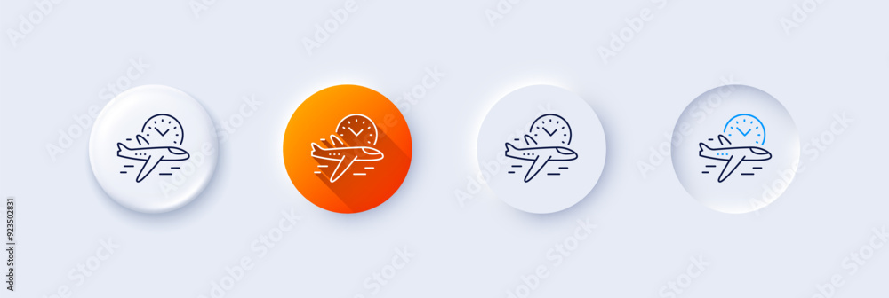 Flight time line icon. Neumorphic, Orange gradient, 3d pin buttons. Airplane with clock sign. Airport flights symbol. Line icons. Neumorphic buttons with outline signs. Vector Flight time line icon. Neumorphic, Orange gradient, 3d pin buttons. Airplane with clock sign. Airport flights symbol. Line icons. Neumorphic buttons with outline signs. Vector