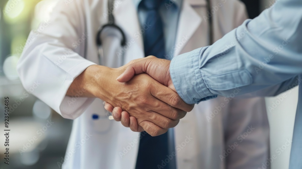 Successful Doctor Shaking Hands with Smiling Recovered Patient in Hospital Successful Doctor Shaking Hands with Smiling Recovered Patient in Hospital