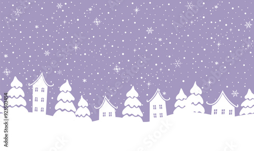 Winter Seamless Border. Christmas Village. White Houses Silhouettes, Fir Trees. Snowfall. Snowflakes. Vector Illustration on Purple Background