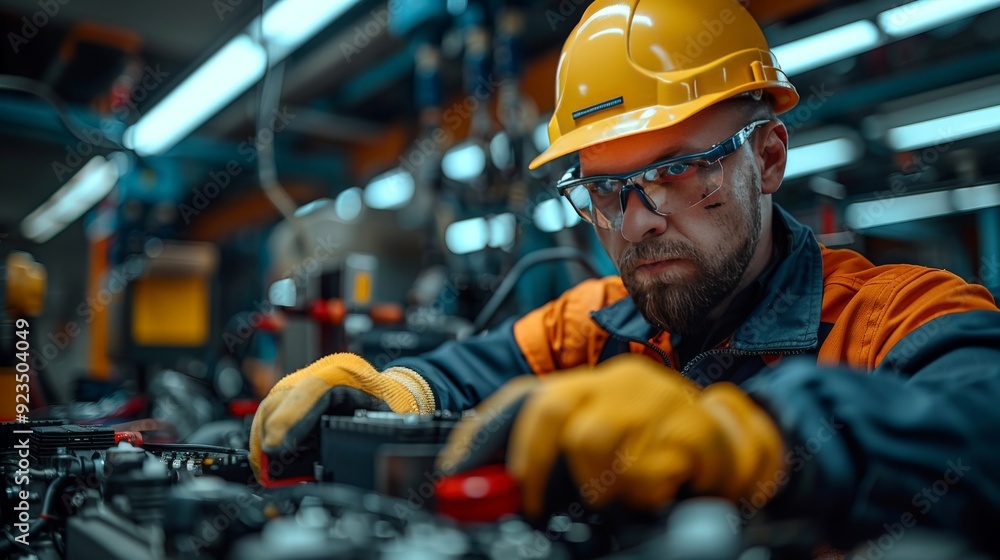 Technician hands of car mechanic working repair in auto repair service electric battery. Technician hands of car mechanic working repair in auto repair service electric battery.