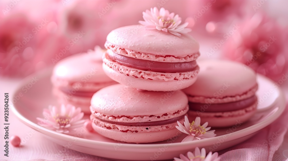 Pink Macaroons with Floral Garnish Pink Macaroons with Floral Garnish