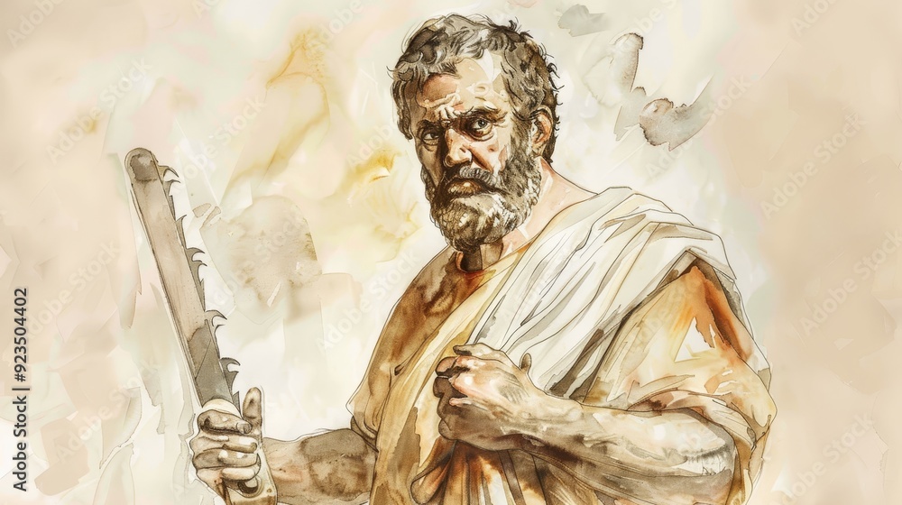 Obraz premium Biblical Illustration of Apostle Simon the Zealot Holding Saw Symbolizing Martyrdom on Beige Background with Copyspace