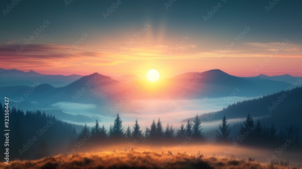 Fototapeta premium Serene Sunrise Over Misty Mountain Landscape