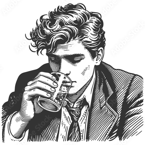Alcoholic tired or melancholic man drinking alcohol vodka, sense of weariness sketch engraving generative ai fictional character vector illustration. Scratch board imitation. Black and white image.
