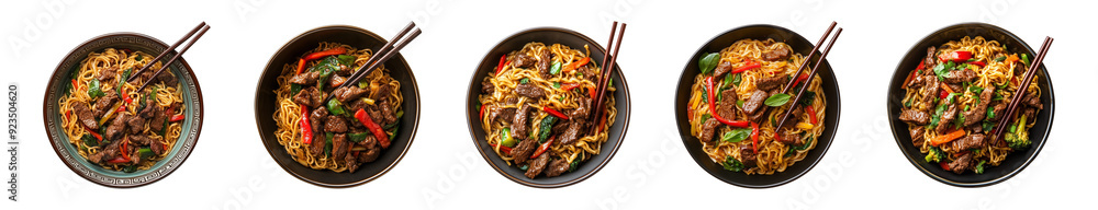 noodles with beef and vegetables in a bowl with chopsticks isolated on a transparent or white background, cut-out, top view, PNG noodles with beef and vegetables in a bowl with chopsticks isolated on a transparent or white background, cut-out, top view, PNG