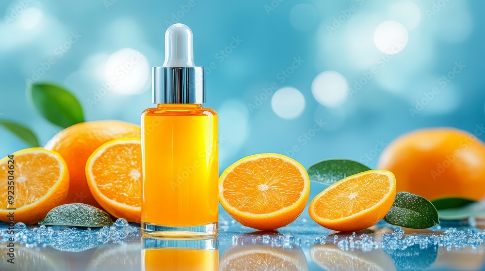 Orange essential oil bottle with fresh oranges Orange essential oil bottle with fresh oranges