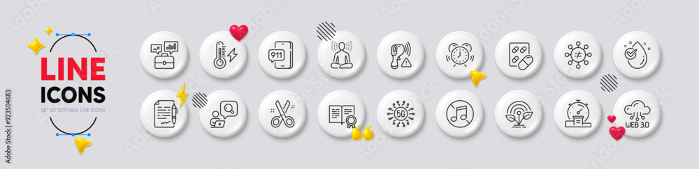 Cut, No music and Time management line icons. White buttons 3d icons. Pack of Water drop, 5g technology, Capsule pill icon. Business portfolio, Web3, Emergency call pictogram. Vector Cut, No music and Time management line icons. White buttons 3d icons. Pack of Water drop, 5g technology, Capsule pill icon. Business portfolio, Web3, Emergency call pictogram. Vector