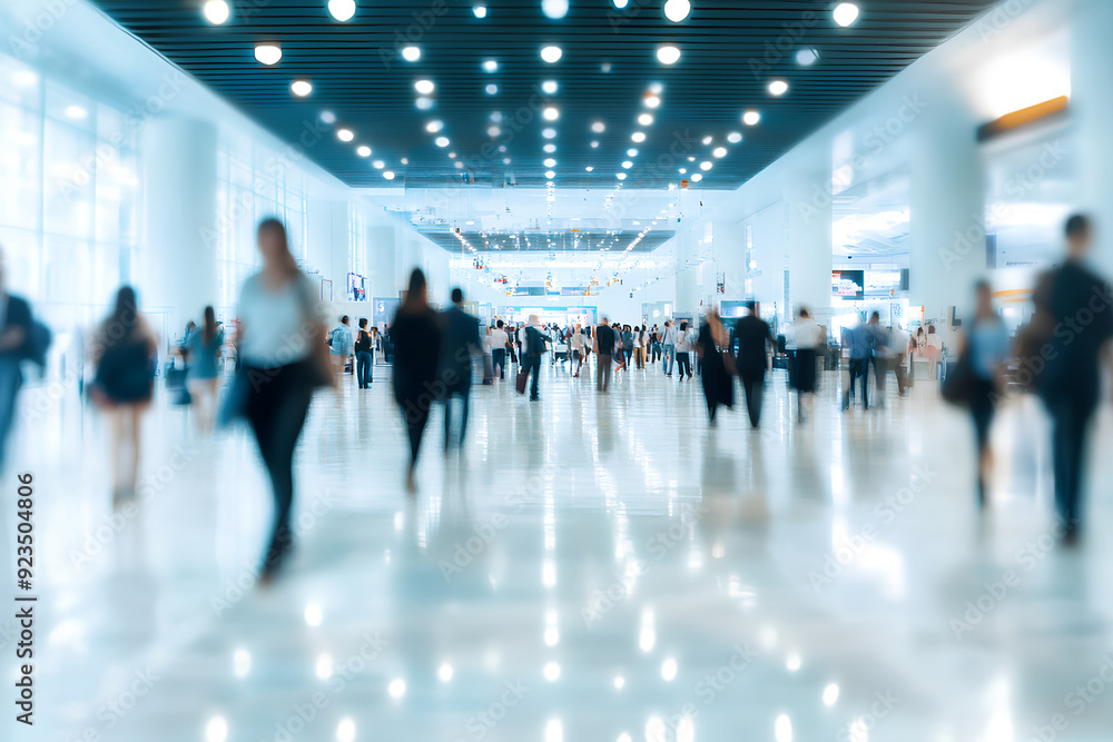 Background of an expo or convention with blurred individuals in an exposition hall. Concept image for an international exhibition, conference center, corporate marketing, 3d rendering, generative ai Background of an expo or convention with blurred individuals in an exposition hall. Concept image for an international exhibition, conference center, corporate marketing, 3d rendering, generative ai