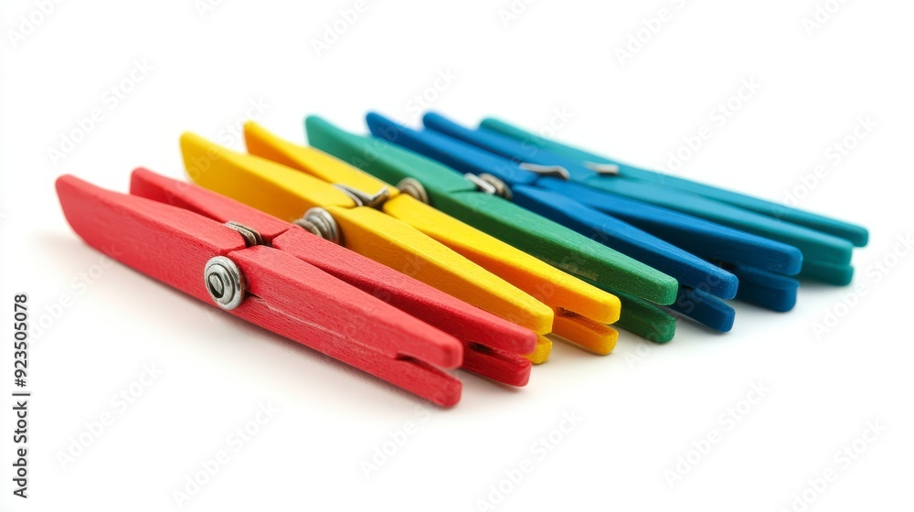 A collection of colorful wooden clothespins arranged in a row. A collection of colorful wooden clothespins arranged in a row.