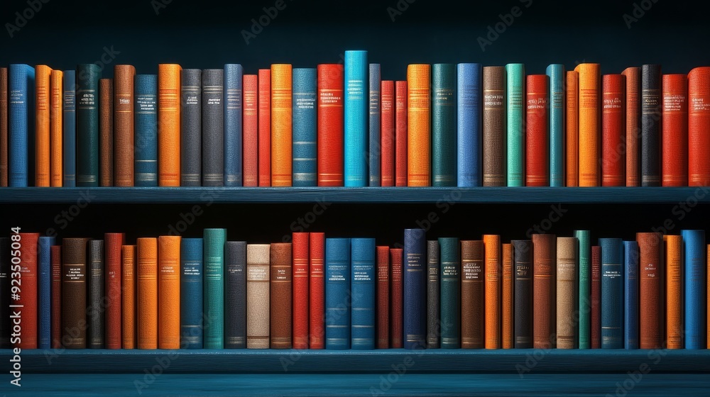 Fototapeta premium Colorful books arranged neatly on wooden shelves