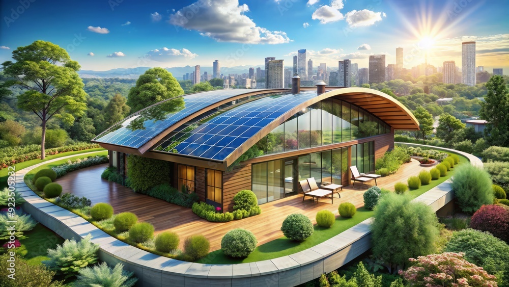 Fototapeta premium solar panels seamlessly blended into the curved roof of a futuristic eco-friendly home amidst a lush urban garden oasis with vibrant cityscape views