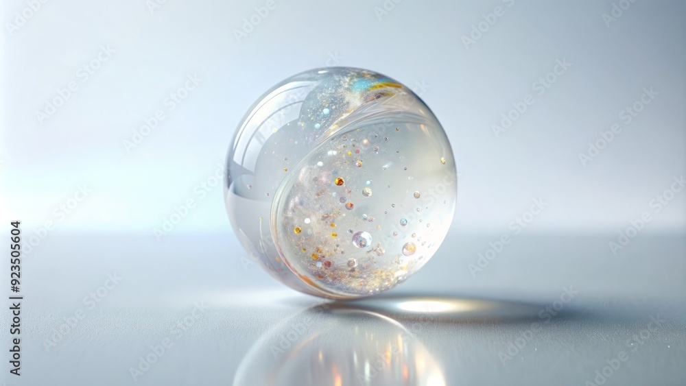 Sparkling transparent glass marble floating freely in mid-air, surrounded by soft white background, showcasing its delicate texture and mesmerizing circular patterns. Sparkling transparent glass marble floating freely in mid-air, surrounded by soft white background, showcasing its delicate texture and mesmerizing circular patterns.