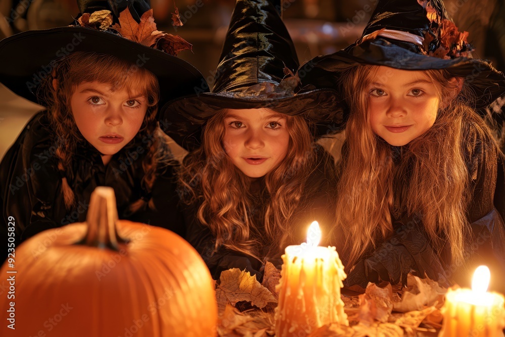 Fototapeta premium Children in witch costumes gather around a pumpkin and candles for Halloween festivities