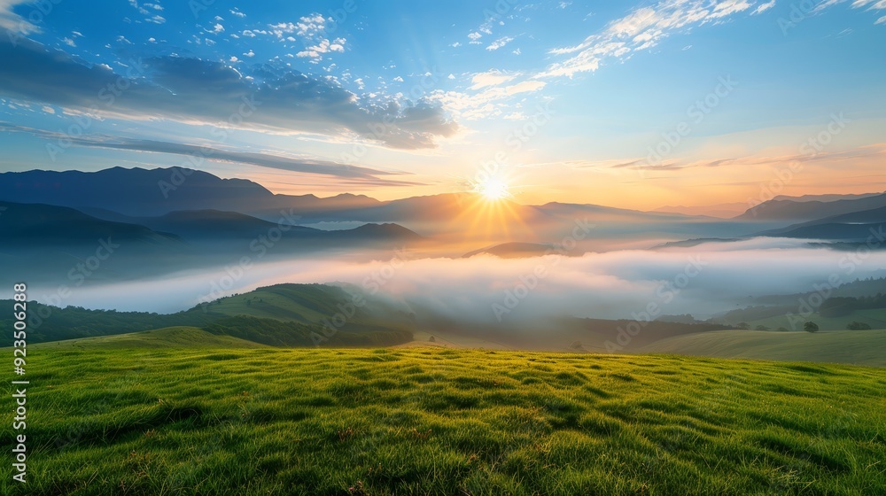 Sunrise over Misty Mountain Valley and Green Hills Sunrise over Misty Mountain Valley and Green Hills