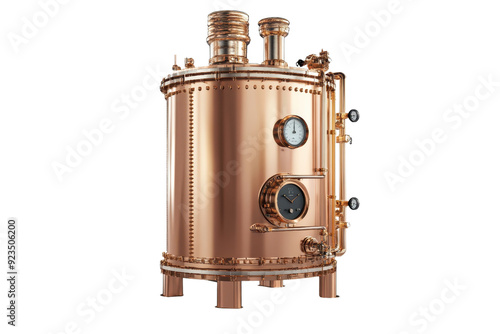 Copper tank with gauges and pipes isolated on a transparent background. industrial equipment for stock photos.