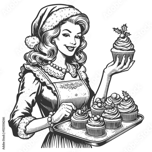 Mrs Claus in festive outfit, smiling and holding tray of Christmas cupcakes with holly, holiday joy sketch engraving generative ai vector illustration. Scratch board imitation. Black and white image