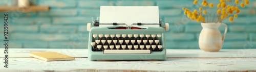Vintage Mint Green Typewriter with Blank Paper, Cozy Workspace with Notebook and Floral Vase