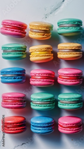 Vibrant Assortment of Colorful Macarons in a Grid Pattern