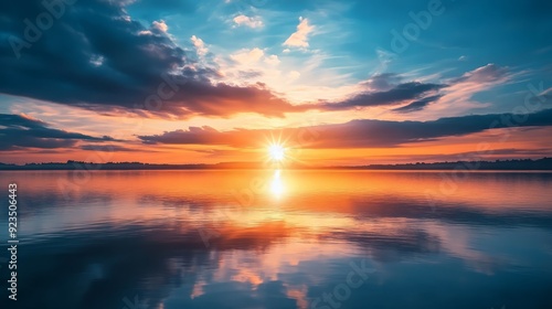 Serene Sunset Over Calm Lake with Reflections