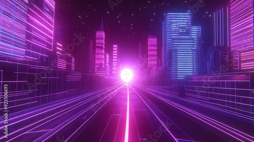 Retro Futuristic Neon Wireframe Tunnel Leading to Cyberpunk Cityscape at Twilight in Synthwave Style