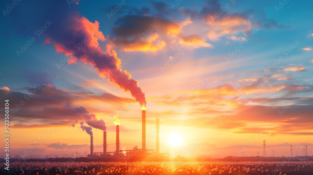 Industrial smokestacks emitting pollution at sunrise Industrial smokestacks emitting pollution at sunrise